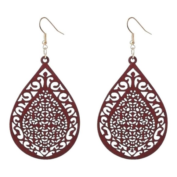Maroon Wood Carved pattern droplet shaped Dangle, Earrings retro Ethnic Style - Picture 1 of 1